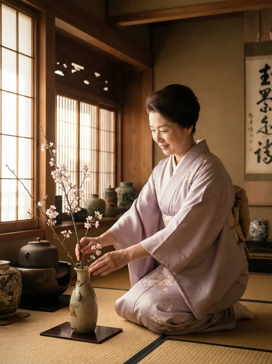 一位优雅的 夏晴子 在和室中插花
